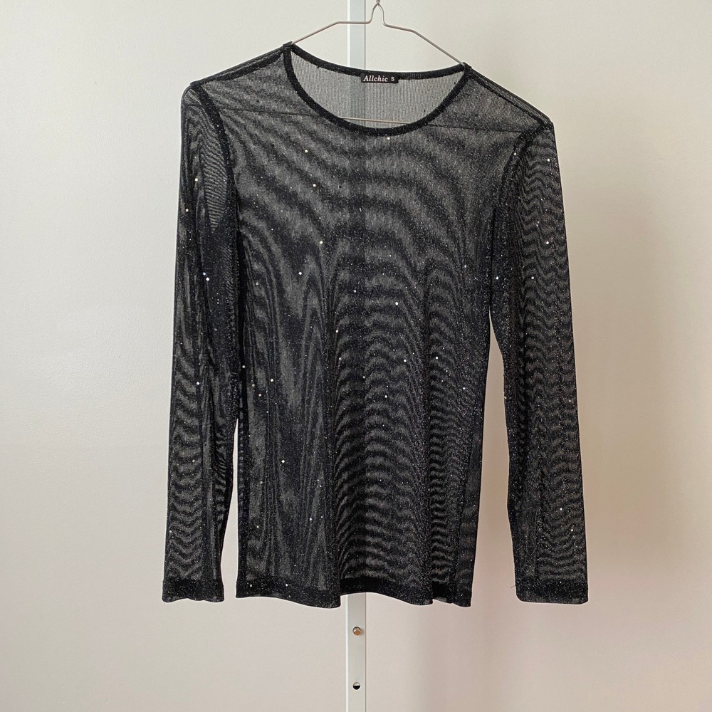 Allchic S Black Wihimsigoth Mesh Top Sheer Glitter Rhinestone Goth Grunge Shirt